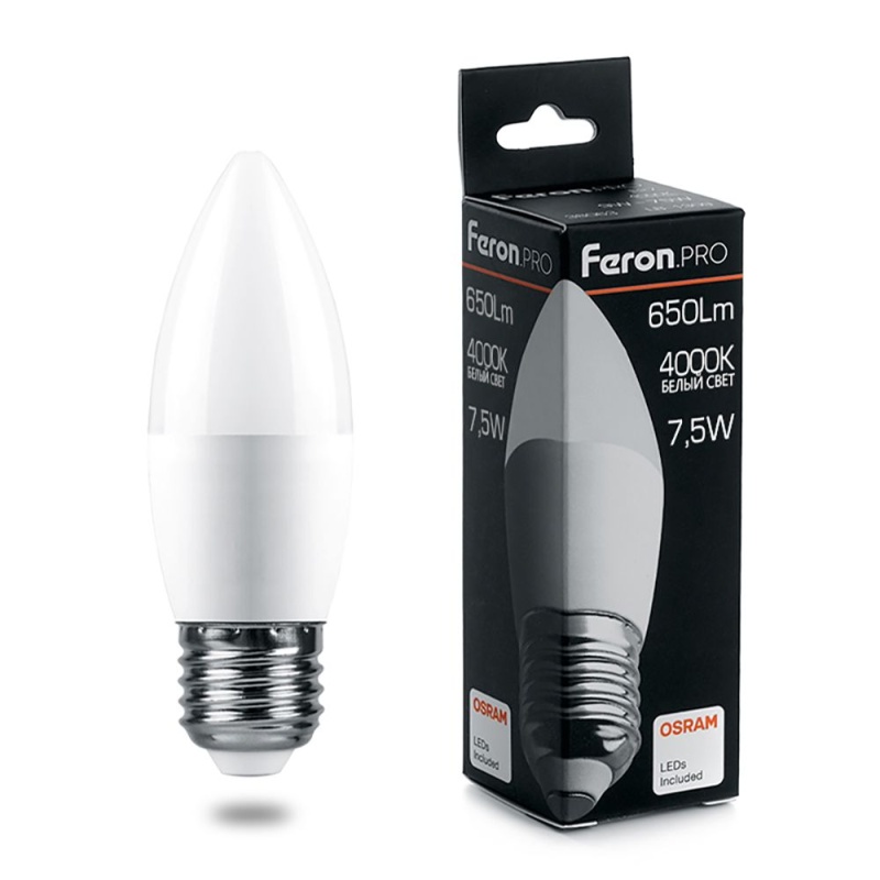 Картинка анонса товара «лампа feron pro свеча 7.5w е-27 4000к 650лм lb-1307 osram led (38057)»
