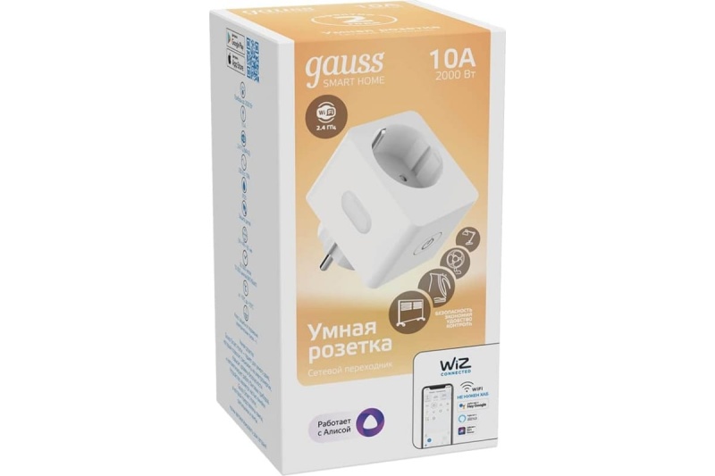 Детальная картинка товара «розетка умная (переходник сетевой) smart home 10а 2300вт ip20 207-253в с заземл. gauss 5510122»