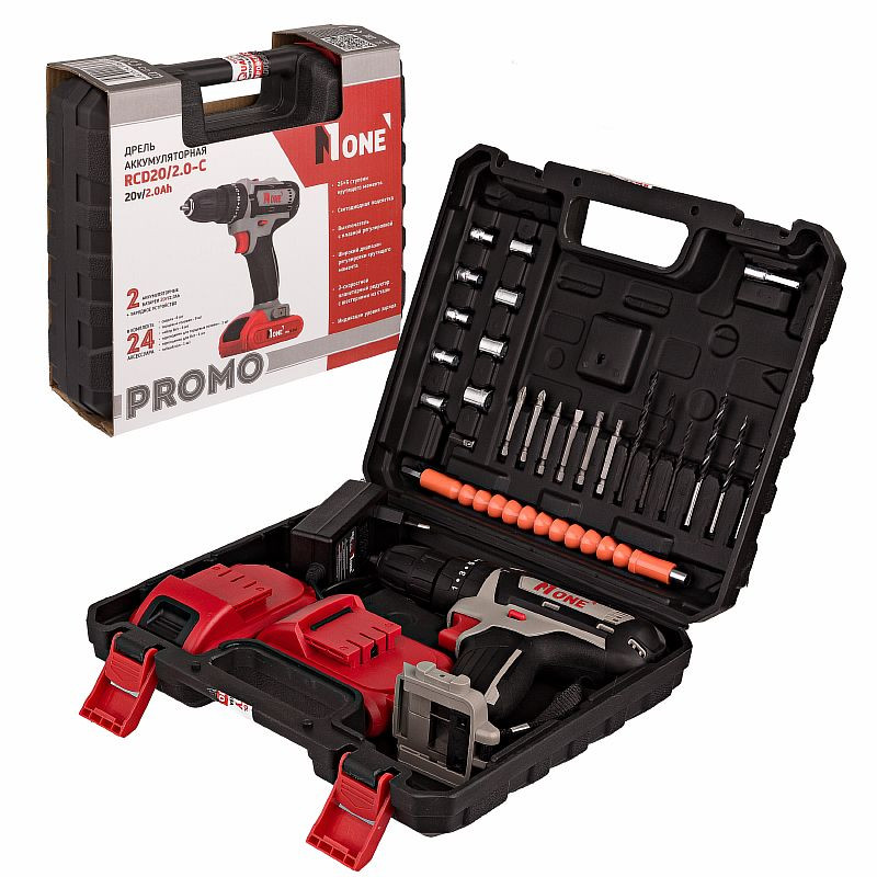 Картинка анонса товара «number one аккумуляторный шуруповерт  rcd20/2.0-c-promo 32нм 20в 2х2ач 24 предмета»