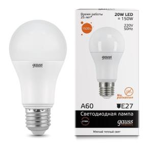 Картинка анонса товара «лампа gauss led шар a60 20w e27 2700к (elementary) 23219»