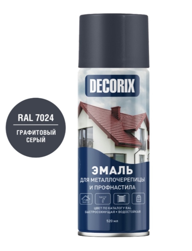 Картинка анонса товара «эмаль-аэр decorix для мет/черепицы ral7024 400мл графит/серый»