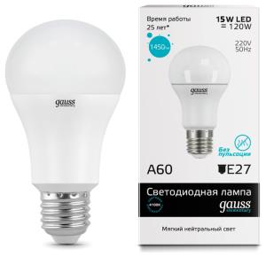Картинка анонса товара «лампа gauss led шар a60 15w e27 4100к (elementary) 23225»
