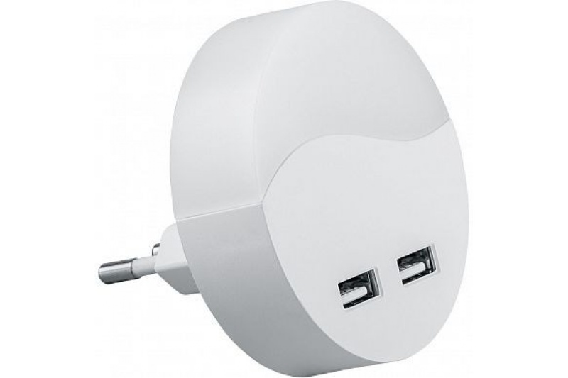 Картинка анонса товара «светильник ночник светодиодный feron fn1122 0.45w 230v c usb выходами, круг, белый»